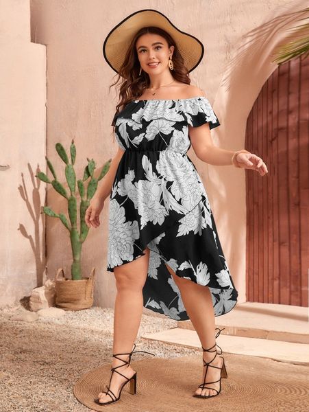 

plus allover floral print off shoulder ruffle trim wrap hem dress n3lk#, Black