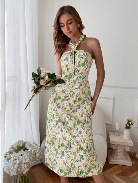 

allover floral print backless halter dress q508#, Black;gray