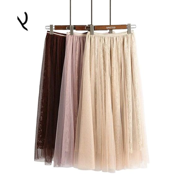 

skirts alcea rosea women tulle lace mesh skirt summer casual vintage high waist elastic hollow out two layer ar1048 z3sl#, Black