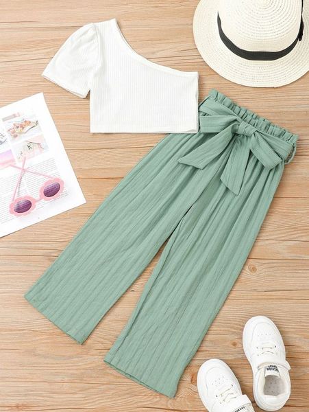 

toddler girls one shoulder puff sleeve & paperbag waist belted pants she, White