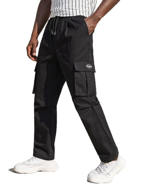 

men drawstring waist patched detail cargo pants s8xk#, Black