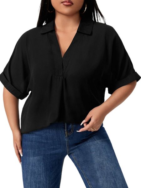 

plus solid button front popover blouse r76x#, Black