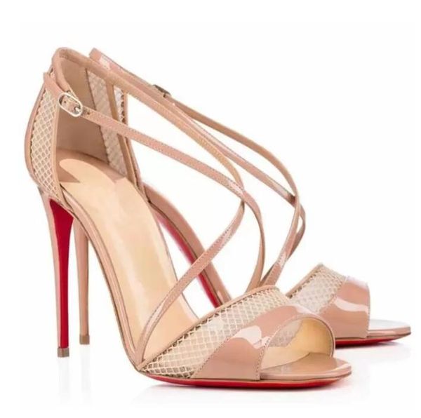 

elegant ladies sandals patent leather high heels summer exquisite luxury brand slikova open toe leather fishnet stilettos, Black