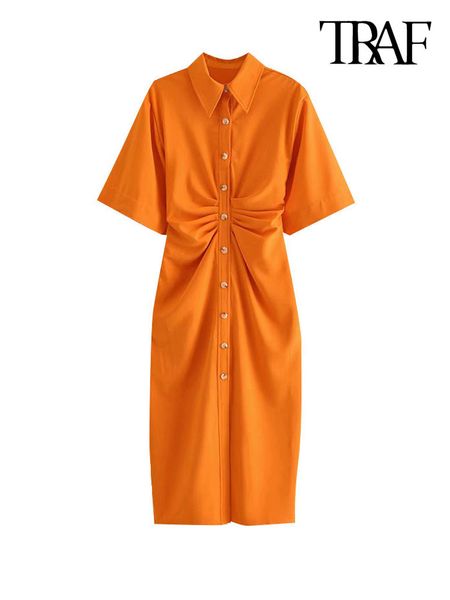 

traf women chic fashion button up draped midi shirt dress vintage short sleeve side zipper female dresses vestidos 220618, Black;gray
