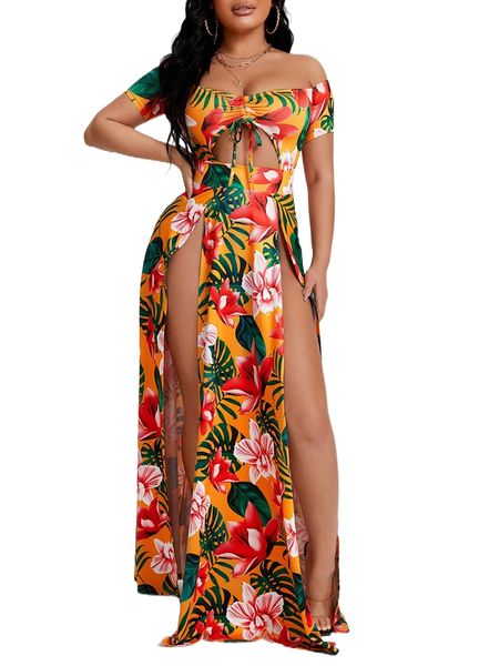 

tropical print off shoulder drawstring front split thigh dress l09s#, Black;gray