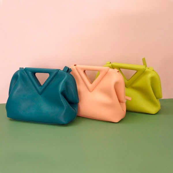 

inverted triangle handle soft leather clutch bag women luxury fashion candy colorful crossbody hobo clip purse handbag