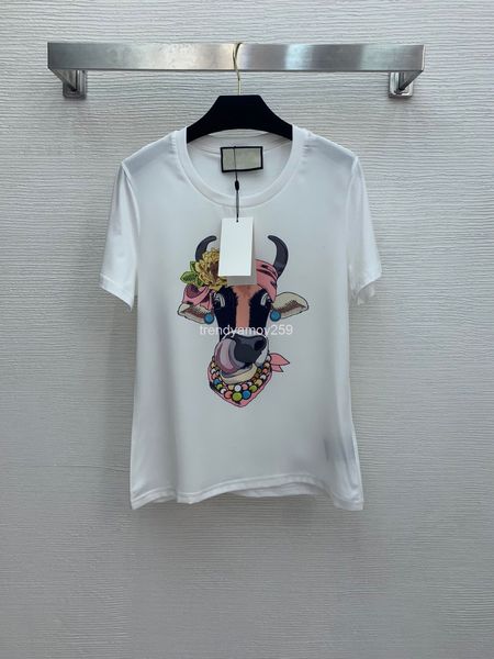

women's t-shirt spring / summer 21 cool and breathable cow headwear flower pattern printed front piece silk stitching back cotton short, White