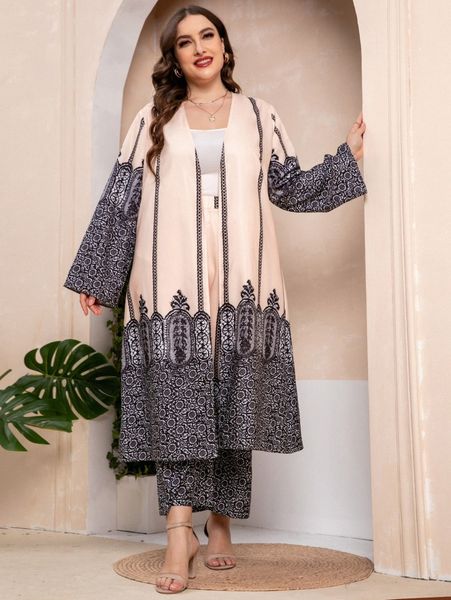 

plus graphic print open front coat & pants t6qx#, Black