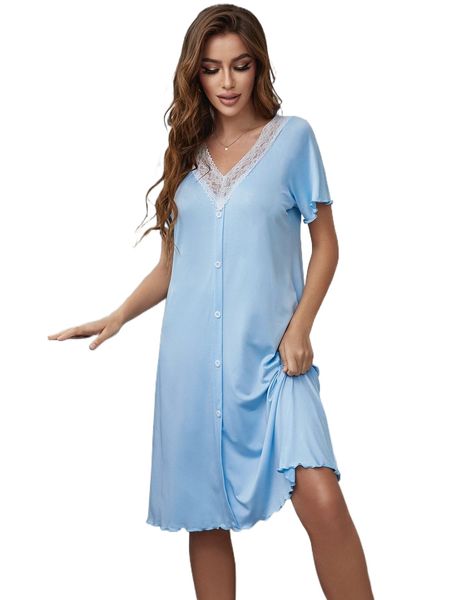 

fake button contrast lace raglan sleeve lettuce trim nightdress x5oz#, Black;red