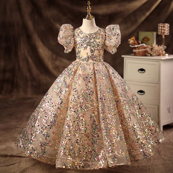 Abiti per ragazze di fiori principessa per matrimoni con paillettes oro con sequenza di tulle di tulle abiti da ballo gollo gollo gioie