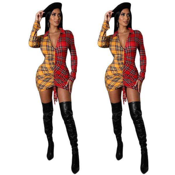 

yy6562 ladies dress plaid stitching lacing designer slim package hip casual dress, Black;gray
