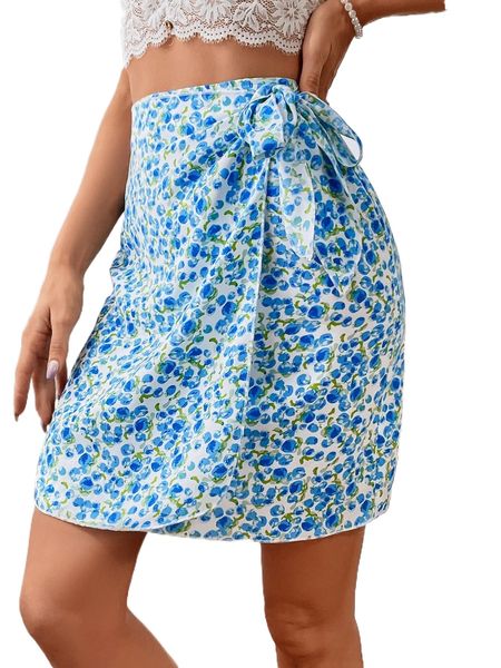 

ditsy floral tie side wrap skirt 54u1#, Black