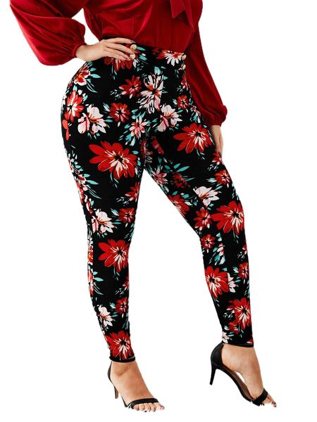 

plus floral print pants g696#, Black