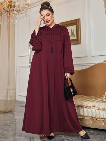 

plus bow & geo print tassel detail hooded dress 558b#, Black