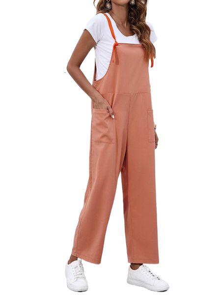 

knot front dual pocket overalls without tee w8dv#, Black;white