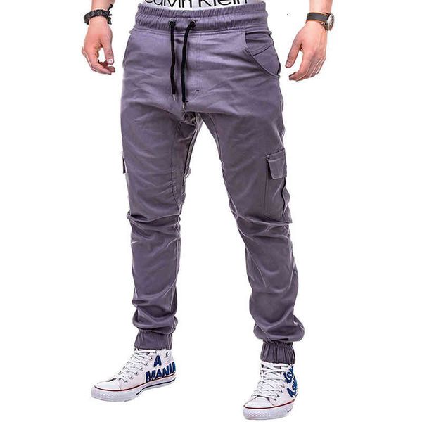 

men's pants fall men's personalized solid color multi pocket tether belt middle waist tight casual pants kcul, Black