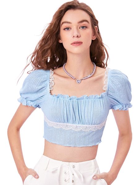 

mod ruched bust guipure lace trim puff sleeve crop tee f6ss#, White