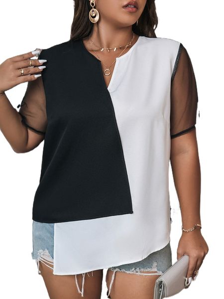 

plus two tone mesh panel asymmetrical hem blouse 02v2#, Black