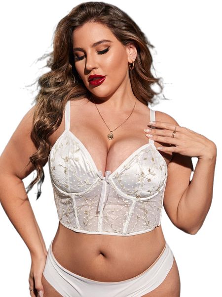 

plus embroidery mesh bra p74v#, Black;white
