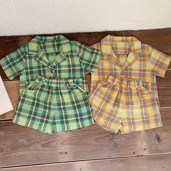 Kleidungssets Baby-Kleidungsset Sommer Kinder Kurzarm Plaid Jacke Shorts Zweiteilige Anzüge Kinder Baumwolle Lose Kausal OutfitsKleidung