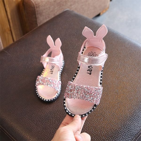 

sandal telinga kelinci musim panas anakanak mode glitter berlian buatan perempuan putri roma bayi datar nonslip sepatu 220611, Black;grey
