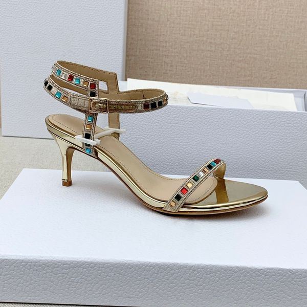 

women's sandals luxury designer brand rhinestones round head high-heel electric embroidery match color sandal 6.5cm with box size35-43, Black