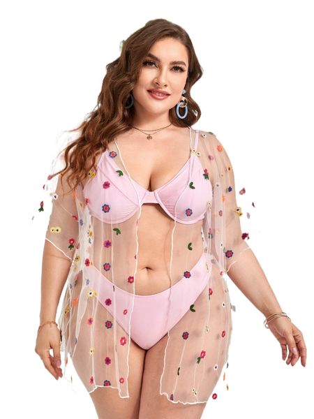 

plus floral embroidery lettuce trim batwing sleeve kimono l7kp#, Black;gray