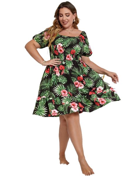 

plus floral & tropical print shirred ruffle hem dress j8hc#, Black