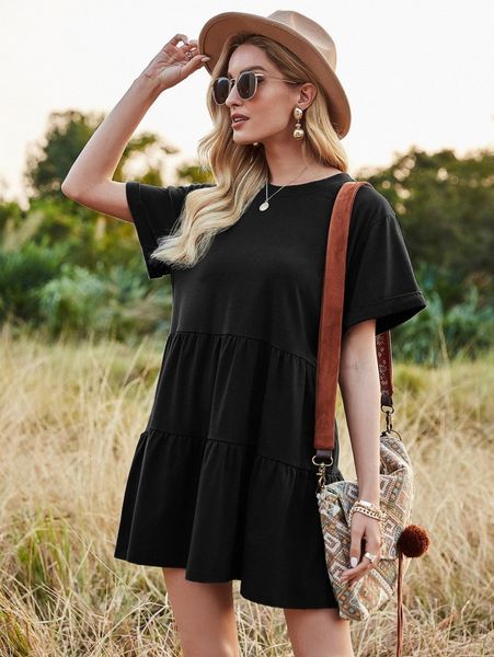 

rolled cuff ruffle hem babydoll dress g8mf#, Black;gray