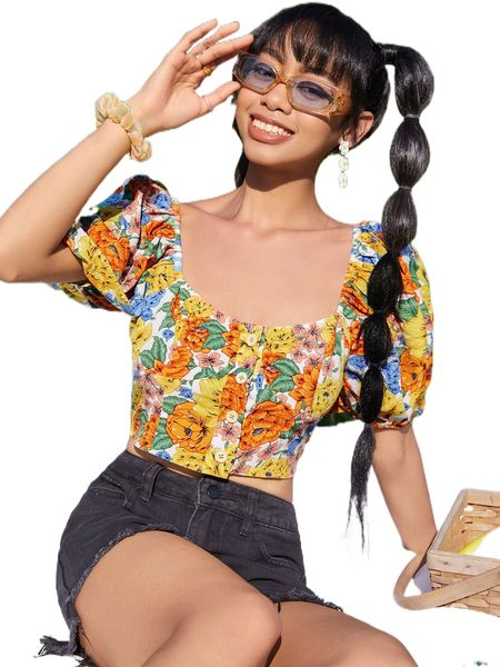 

floral print puff sleeve crop blouse 181m#, White