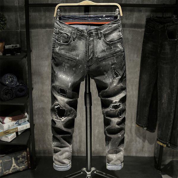 

men's jeans designer splash ink nostalgic jeans men's personality bone setting trend small straight tube wrinkle design pants hole, Blue