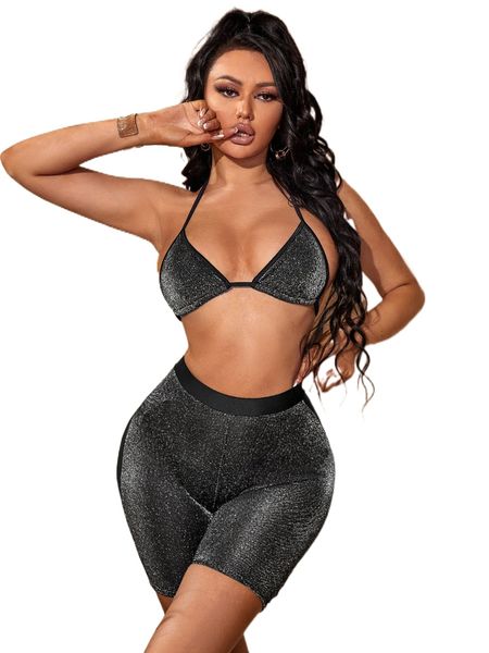 

sxy glitter halter triangle bikini swimsuit & cover up shorts 84bp#, White;black
