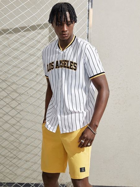 

men vertical striped & letter graphic shirt & drawstring waist shorts h1st#, Gray