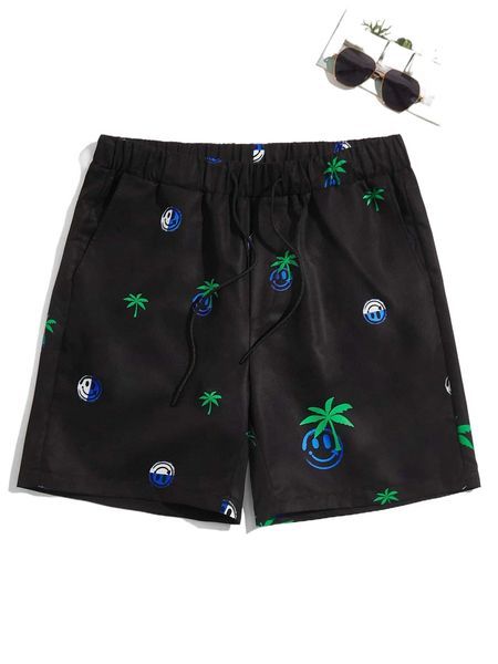 

men coconut tree & cartoon face print drawstring waist shorts y6zl#, White;black
