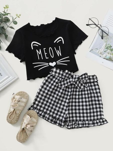 

girls cartoon graphic tee with gingham belted shorts she, White