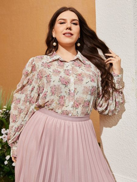 

plus floral bishop sleeve blouse e6wq#, Black