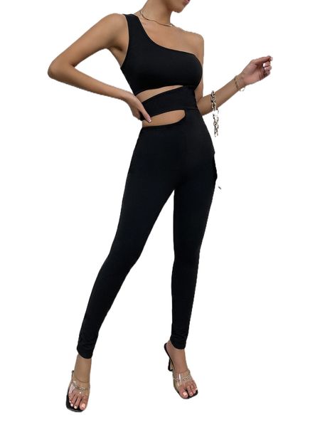 

one shoulder cut out unitard jumpsuit c6db#, Black;white