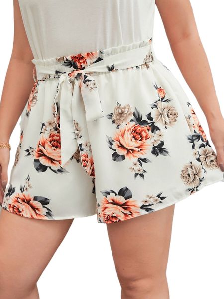 

plus floral print paperbag waist belted shorts 73r8#, Black