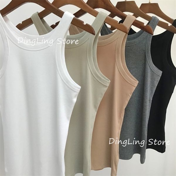 

women stretch sleeveless vest black gray white solid color o-neck lady slim camis casual bottoming 220423
