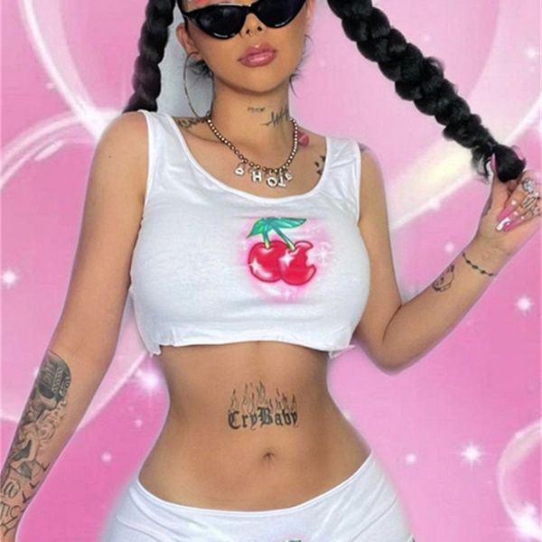 

nibber y2k summer twopiece sets sleeveless camisole triangle shorts sweet fairy style cherry print for womens home clubwear 220527, White