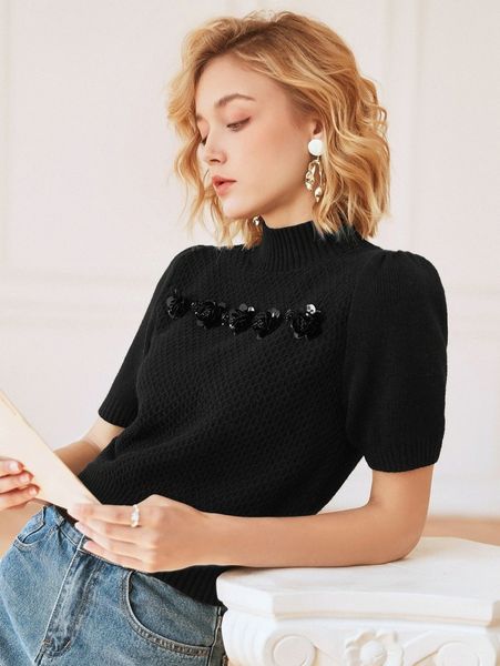 

knit mix mock neck puff sleeve appliques knit l7ta#, White;black