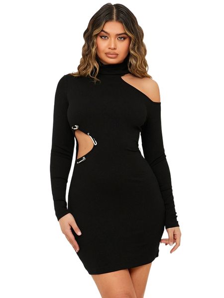 

solid cutout turtle neck bodycon dress q9l2#, Black;gray