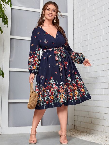 

plus floral print bishop sleeve belted dress h44v#, Black