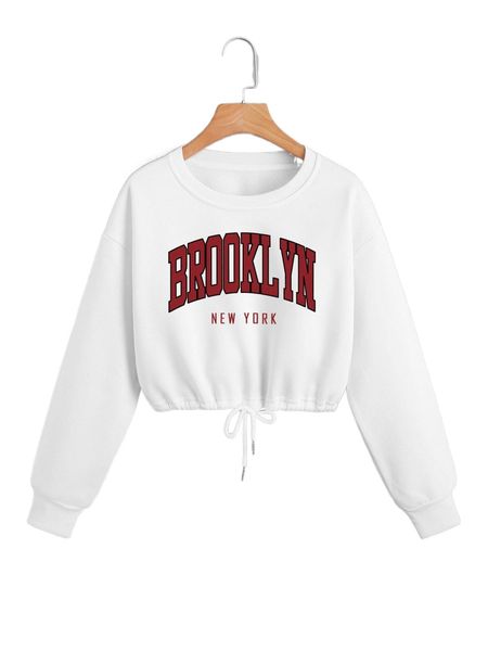 

letter graphic drop shoulder drawstring hem pullover 47qx#, Black