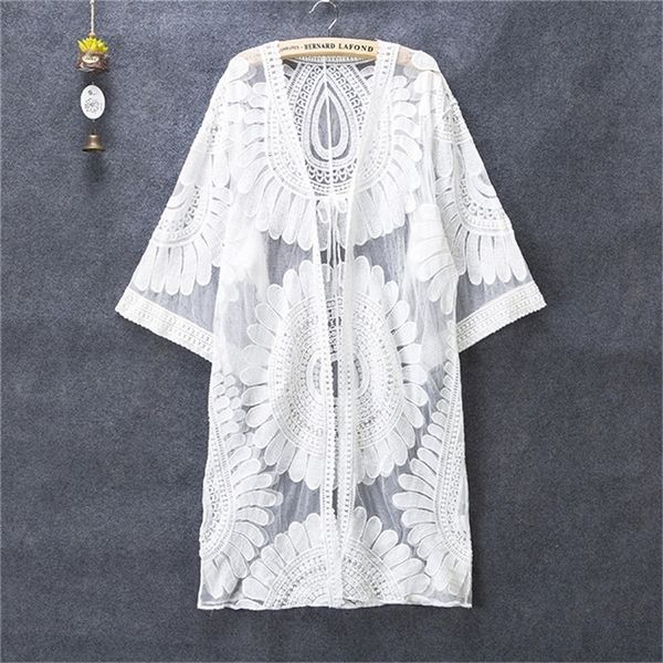 

summer swimsuit lace hollow het bikini cover up 34 sleeve women swimwear dress white beach tunic shirt 220707, Black;gray