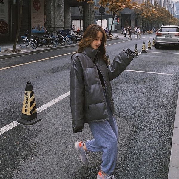 

ladies pu lint coat high imitation leather parka ladies stand-collar thick cotton coat winter puffer jacket 201126, Black