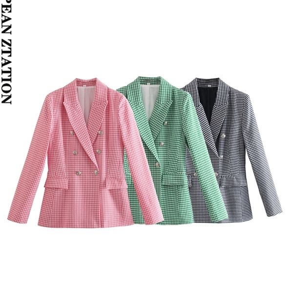 

pailete women fashion double breasted houndstooth blazer coat vintage long sleeve welt pockets female outerwear chic veste 220513, White;black