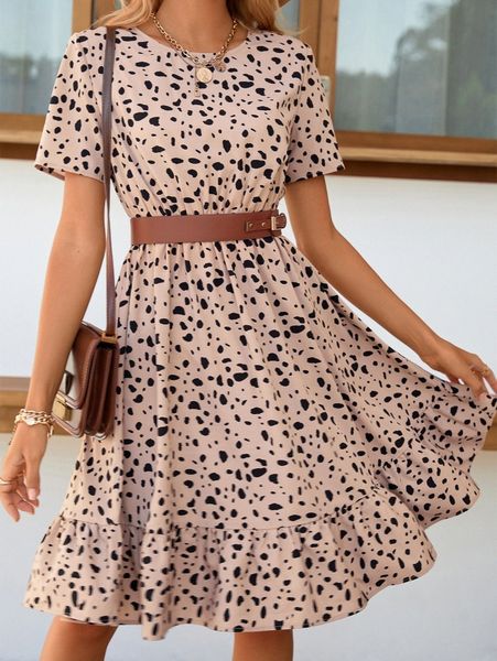 

allover print ruffle hem dress p2tc#, Black;gray