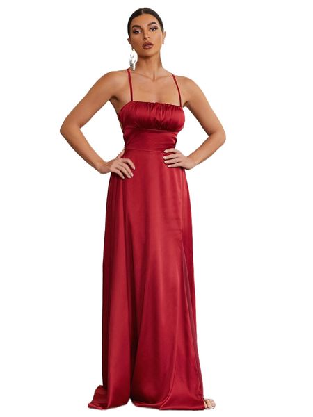 

ruched bust lace-up backless slit thigh satin cami dress p4a5#, Black;gray