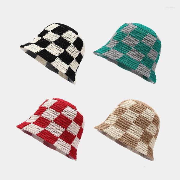 Berretti Moda Plaid Crochet Cappelli a secchiello Filo di cotone Morbido Cappello da pescatore Sole estivo Donna Designer Bob CapBerets Oliv22